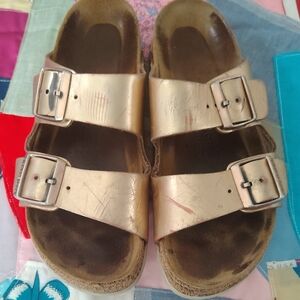 Birkenstock Metallic Rose Gold Double Buckle Sandals